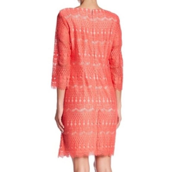 Eliza J 3/4 Length Sleeve Lace Shift Dress Coral Pink Boat Neck Size 6 - Picture 8 of 8